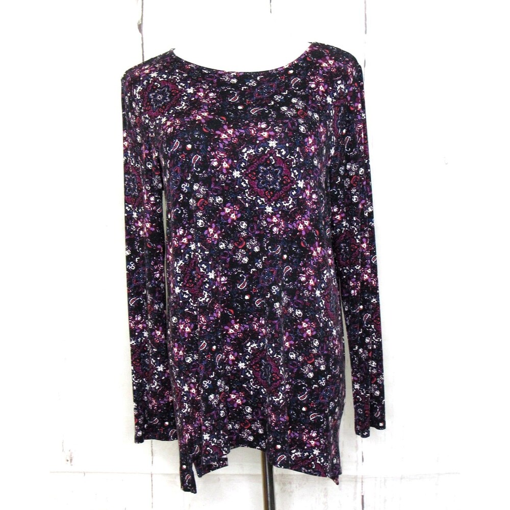 J. Jill Wearever Collection Long Sleeve Knit Top Hi-Lo Black Multi Floral Size M